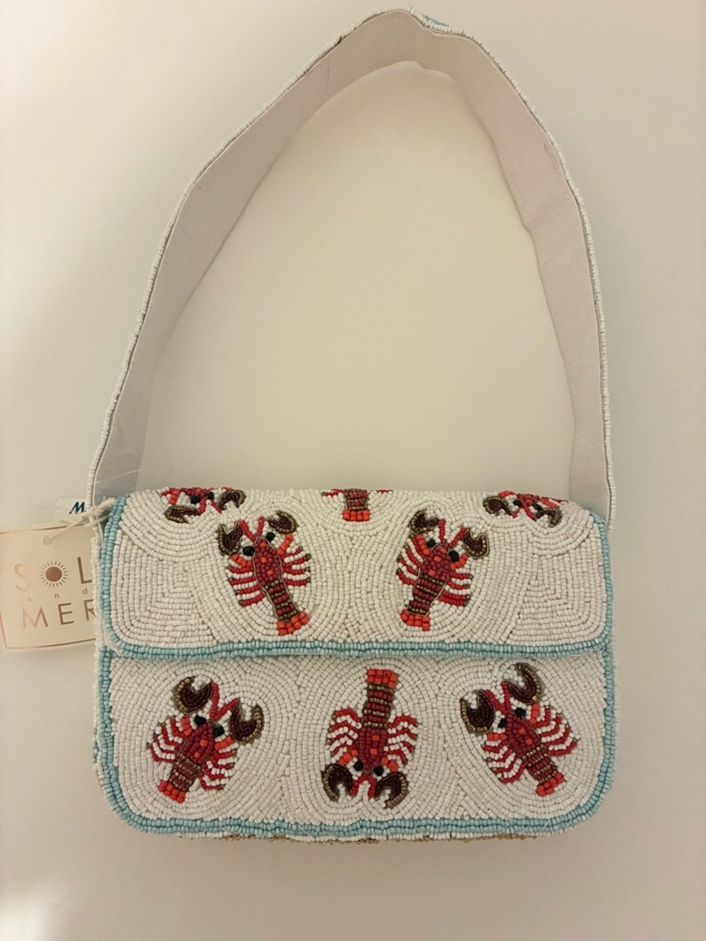 Beaded Lobster Embellished White Shoulder Bag